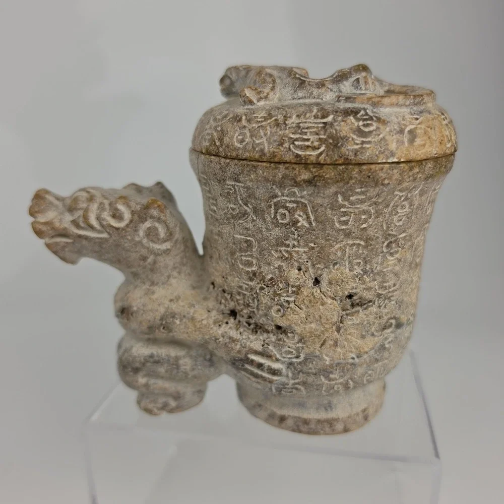 Chinese Carved Stone Gong Vessel Han Dynasty Style Dragon Lid Archaic READ